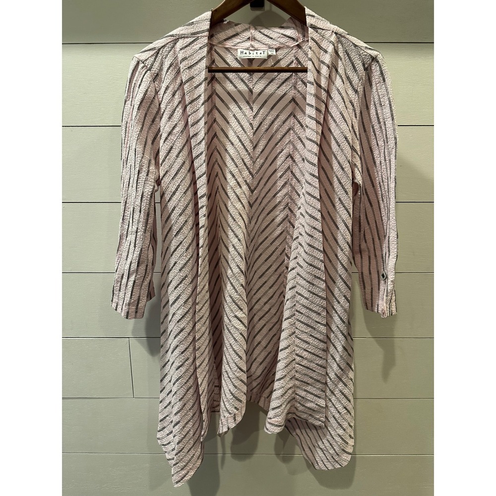 Habitat Pink Chevron Stripe Open Front Cardigan Seersucker Draped Wrap XS 25911